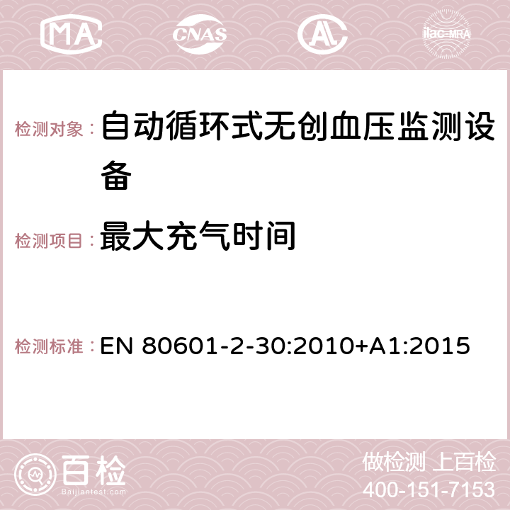 最大充气时间 医用电气设备 第2-30部分 专用要求：自动循环式无创血压监测设备的安全，含基本性能 EN 80601-2-30:2010+A1:2015 201.104