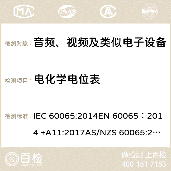 电化学电位表 音频、视频及类似电子设备安全要求 IEC 60065:2014
EN 60065：2014 +A11:2017
AS/NZS 60065:2018
GB 8898-2011 附录F