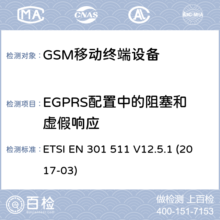 EGPRS配置中的阻塞和虚假响应 全球移动通信系统(GSM ) 移动台（MS）设备，包含RED指令条款3.2的基本要求 ETSI EN 301 511 V12.5.1 (2017-03)