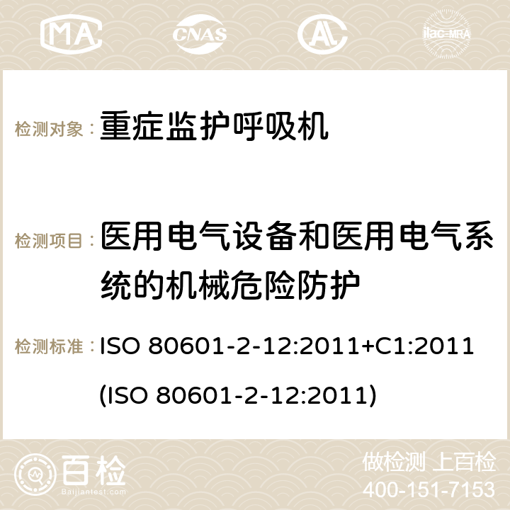 医用电气设备和医用电气系统的机械危险防护 医用电气设备 - 第2-12部分：基本安全和重症监护呼吸机的基本性能的特殊要求 ISO 80601-2-12:2011+C1:2011(ISO 80601-2-12:2011) 201.9