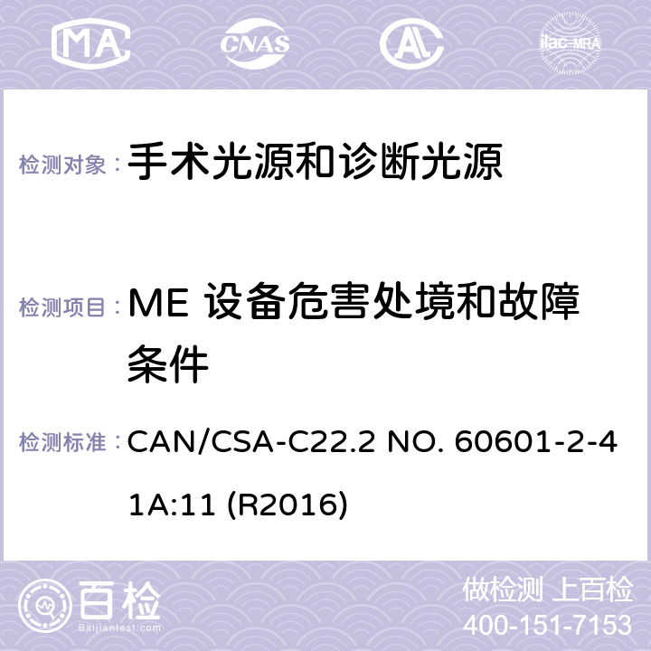 ME 设备危害处境和故障条件 医用电气设备 第2-41部分 专用要求：手术光源和诊断光源的安全和基本要求 CAN/CSA-C22.2 NO. 60601-2-41A:11 (R2016) 201.13
