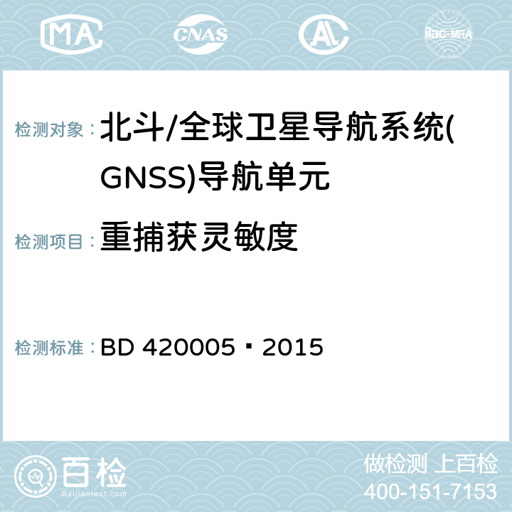 重捕获灵敏度 北斗/全球卫星导航系统(GNSS)导航单元性能要求及测试方法 BD 420005—2015 5.4.7.2