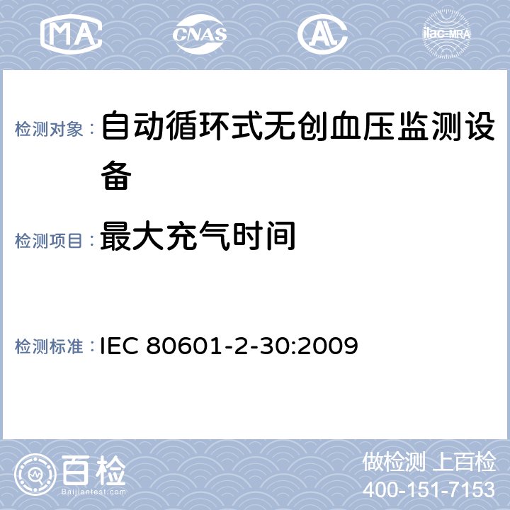 最大充气时间 医用电气设备 第2-30部分 专用要求：自动循环式无创血压监测设备的安全，含基本性能 IEC 80601-2-30:2009 201.104