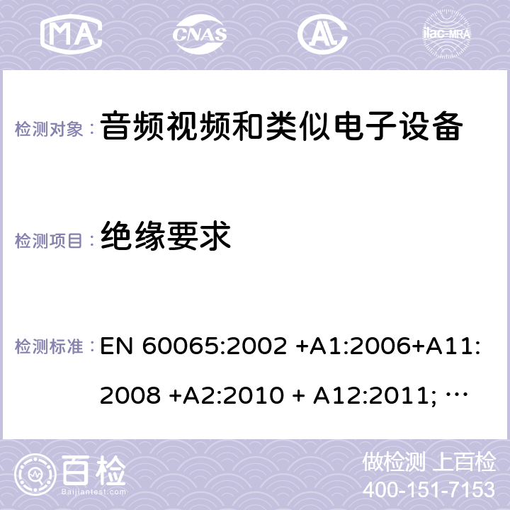 绝缘要求 音频、视频及类似电子设备 安全要求 EN 60065:2002 +A1:2006+A11:2008 +A2:2010 + A12:2011; EN 60065:2014; EN 60065: 2014/AC:2016; EN 60065:2014/A11:2017 10