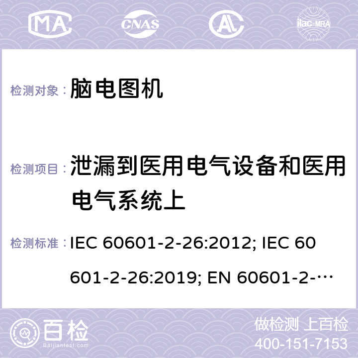 泄漏到医用电气设备和医用电气系统上 IEC 60601-2-26 医用电气设备 第2-26部分:脑电图机基本安全和基本性能特殊要求 :2012; :2019; EN 60601-2-26:2015;EN :2020 201.11.6.3