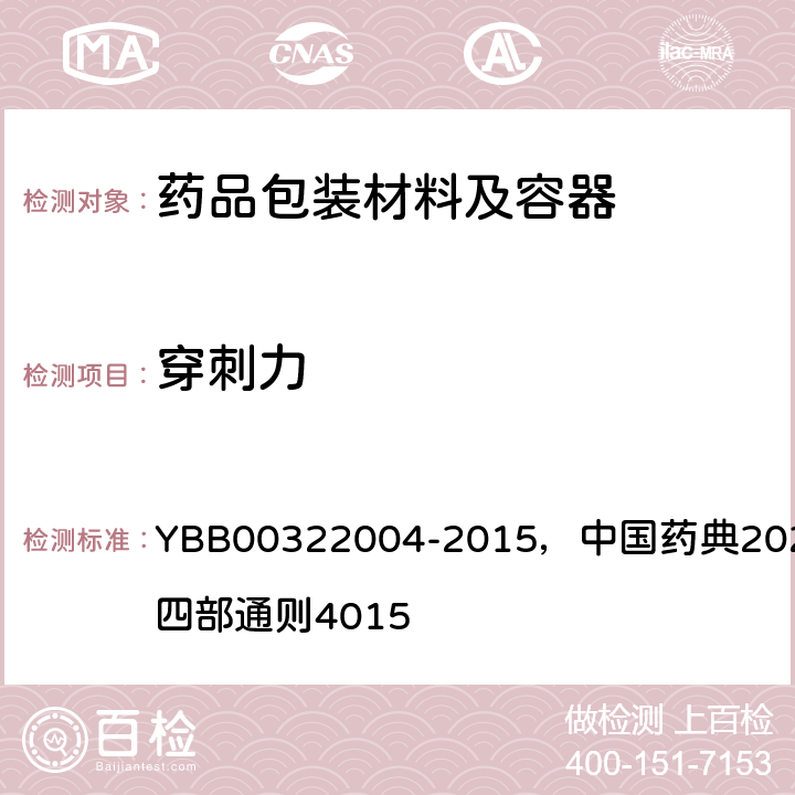 穿刺力 注射剂用胶塞、垫片穿刺力测定法 YBB00322004-2015，中国药典2020年版四部通则4015