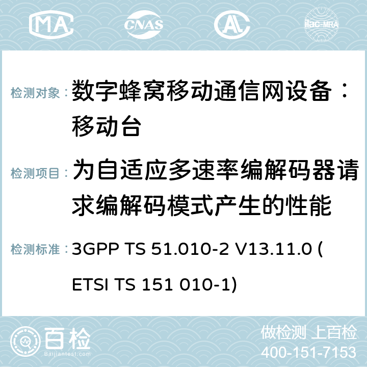 为自适应多速率编解码器请求编解码模式产生的性能 数字蜂窝通信系统 移动台一致性规范（第二部分）：协议特征一致性声明 3GPP TS 51.010-2 V13.11.0 (ETSI TS 151 010-1)