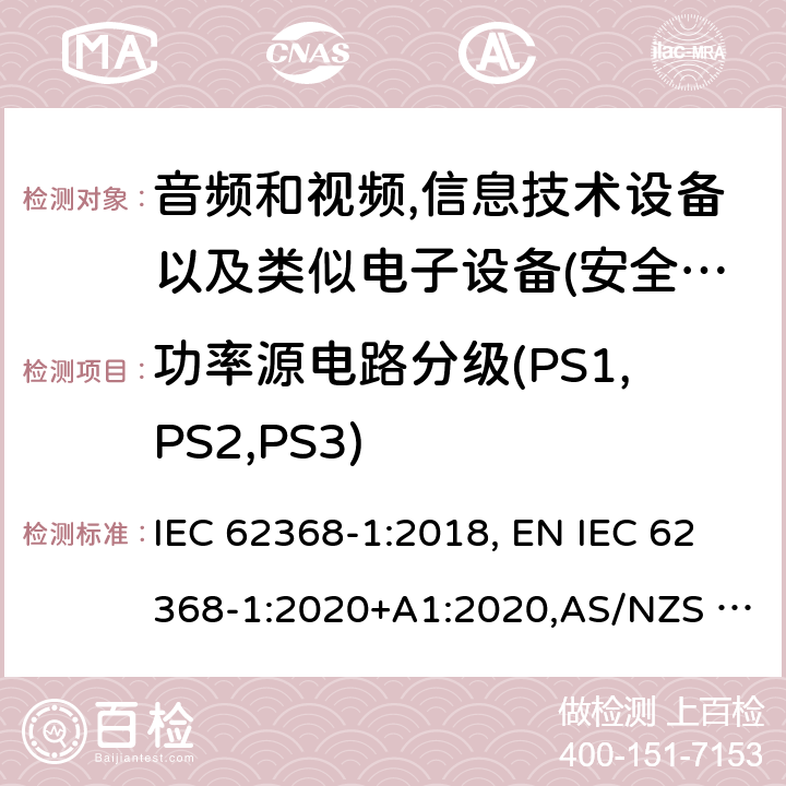 功率源电路分级(PS1,PS2,PS3) 影音，资讯及通讯技术设备 第1部分：通用要求 IEC 62368-1:2018, EN IEC 62368-1:2020+A1:2020,AS/NZS 62368.1:2018,UL 62368-1:Ed.3:2019 6.2.2