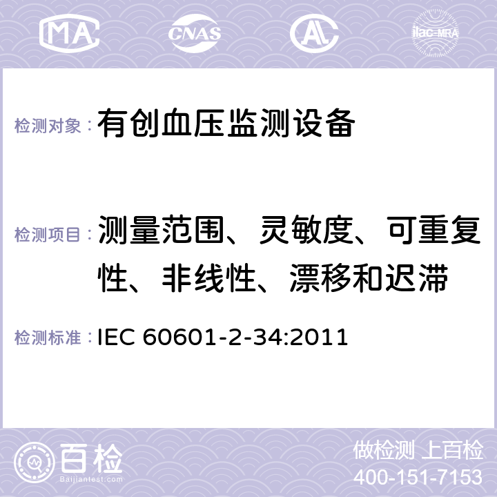 测量范围、灵敏度、可重复性、非线性、漂移和迟滞 医用电气设备第2-34部分：有创血压检测设备的安全和基本性能专用要求 IEC 60601-2-34:2011 201.12.1.101.1