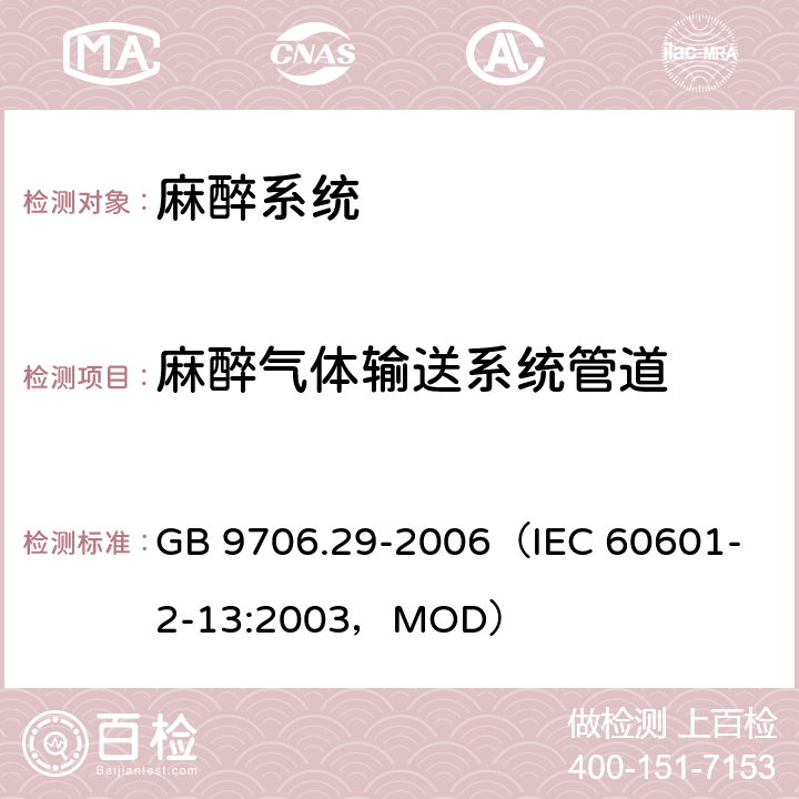 麻醉气体输送系统管道 《医用电气设备 第2部分：麻醉系统的安全和基本性能专用要求》 GB 9706.29-2006
（IEC 60601-2-13:2003，MOD） 105