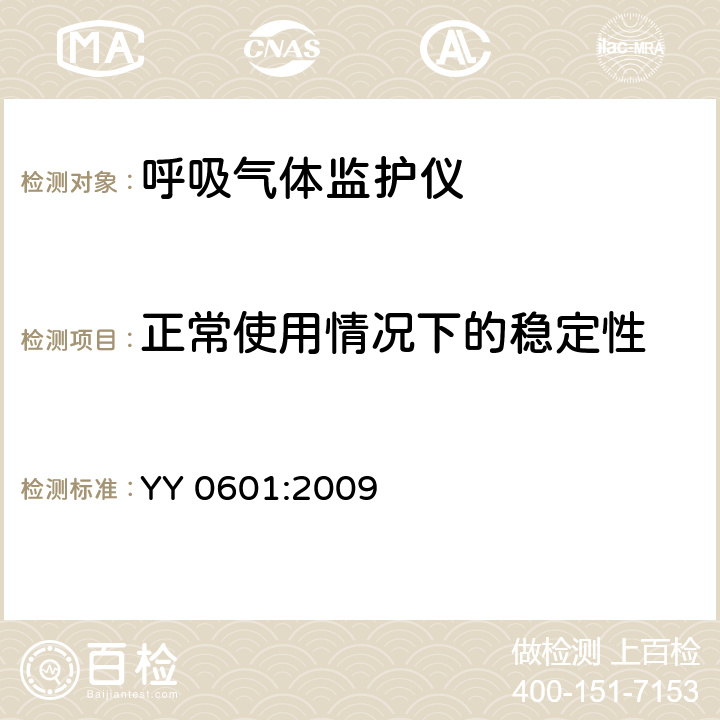 正常使用情况下的稳定性 YY 0601-2009 医用电气设备 呼吸气体监护仪的基本安全和主要性能专用要求