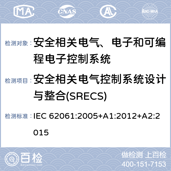 安全相关电气控制系统设计与整合(SRECS) 机械电气安全 安全相关电气、电子和可编程电子控制系统的功能安全 IEC 62061:2005+A1:2012+A2:2015 6