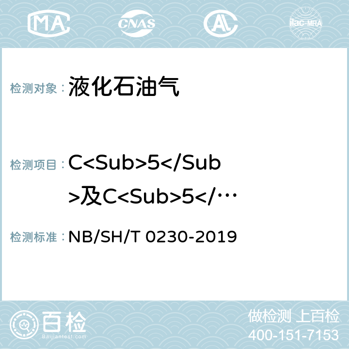 C<Sub>5</Sub>及C<Sub>5</Sub>以上烃类组分（体积分数） SH/T 0230-2019 液化石油气组成的测定 气相色谱法 NB/ 3-14，附录A