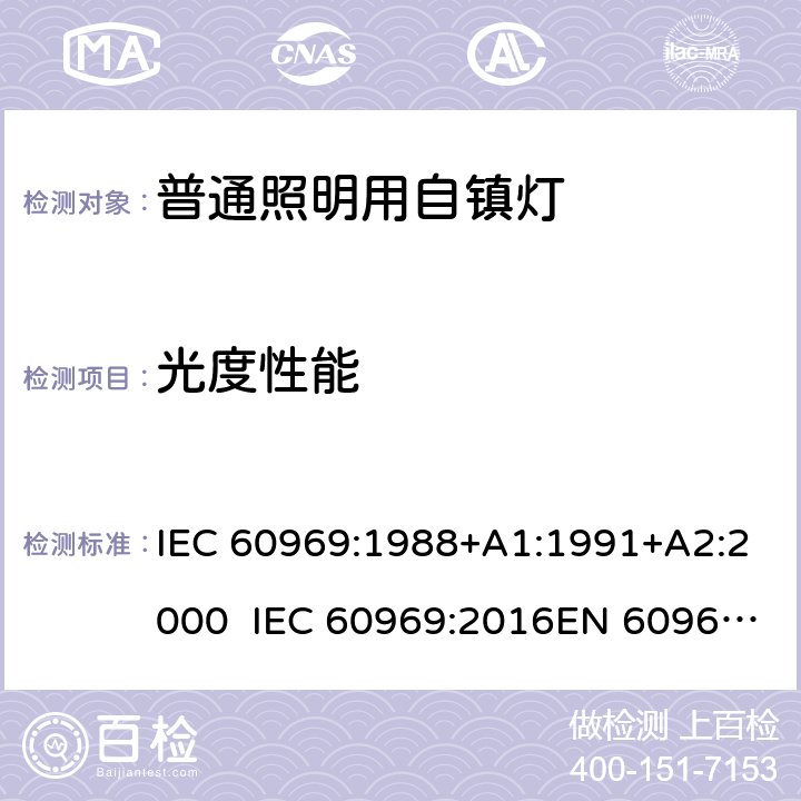 光度性能 IEC 60969-1988 普通照明用自镇流灯 性能要求