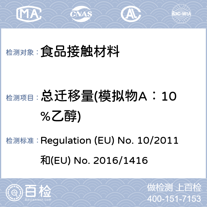 总迁移量(模拟物A：10%乙醇) 食品接触塑料及容器(适用于欧盟法规 Regulation (EU) No. 10/2011和(EU) No. 2016/1416 Regulation (EU) No. 10/2011和(EU) No. 2016/1416