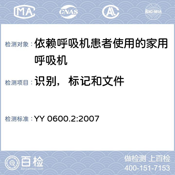 识别，标记和文件 医用呼吸机基本安全和主要性能专用要求 第2部分：依赖呼吸机患者使用的家用呼吸机 YY 0600.2:2007 6