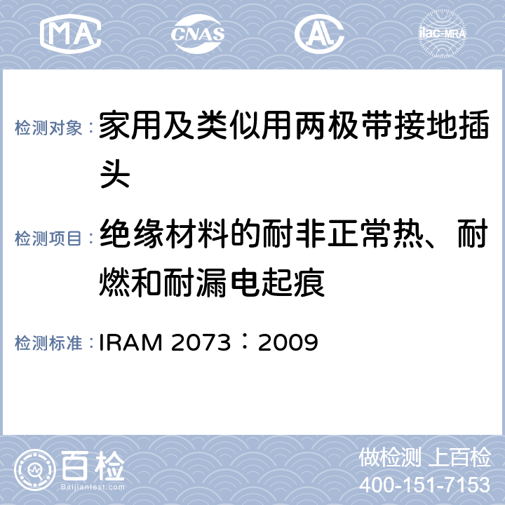 绝缘材料的耐非正常热、耐燃和耐漏电起痕 家用及类似用两极带接地插头 IRAM 2073：2009 28