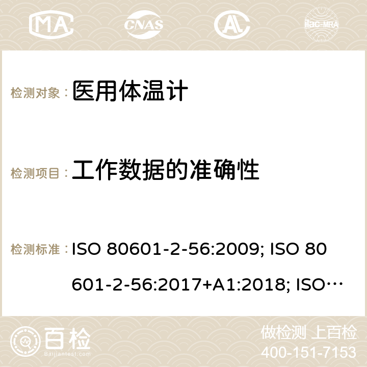 工作数据的准确性 医用电气设备：第2-56部分 医用体温计的基本安全和基本性能用特殊要求 ISO 80601-2-56:2009; ISO 80601-2-56:2017+A1:2018; ISO 80601-2-56:2017; EN ISO 80601-2-56:2012; EN ISO 80601-2-56:2017; EN ISO 80601-2-56:2017+A1:2020 201.12.1