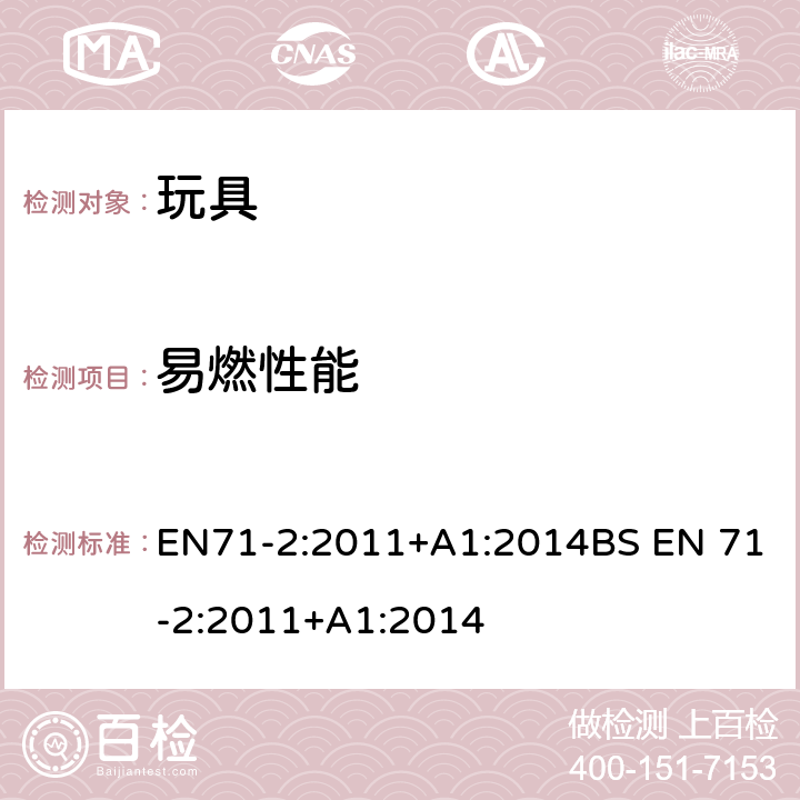 易燃性能 玩具安全--第2部分：易燃性 EN71-2:2011+A1:2014BS EN 71-2:2011+A1:2014