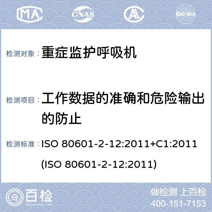 工作数据的准确和危险输出的防止 医用电气设备 - 第2-12部分：基本安全和重症监护呼吸机的基本性能的特殊要求 ISO 80601-2-12:2011+C1:2011(ISO 80601-2-12:2011) 201.12