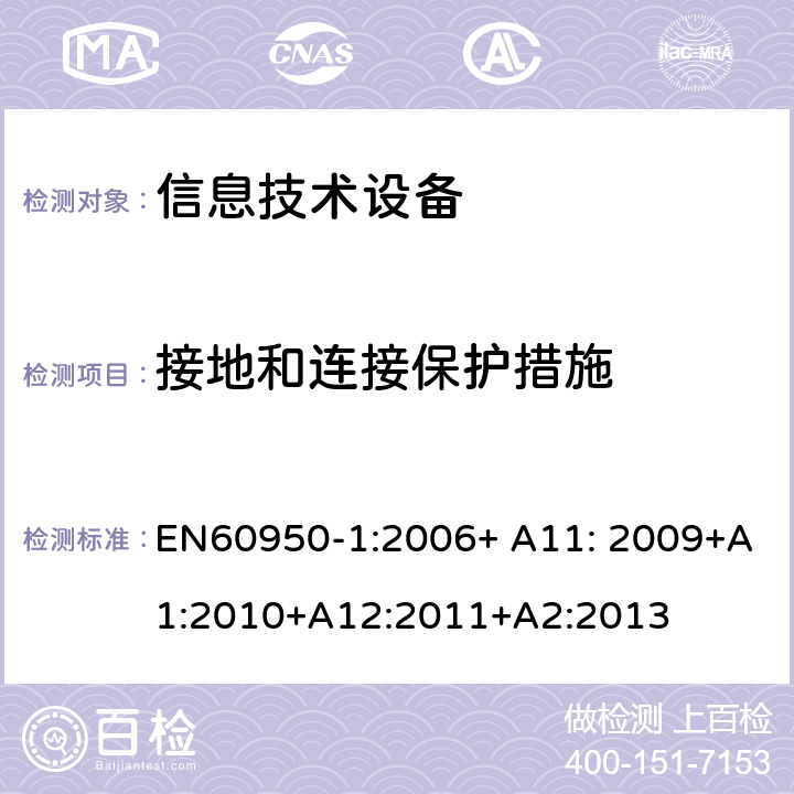 接地和连接保护措施 信息技术设备的安全 第1部分 通用要求 EN60950-1:2006+ A11: 2009+A1:2010+A12:2011+A2:2013 2.6.3.3