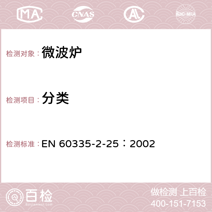 分類 家用和類似用途電器的安全微波爐,包括組合型微波爐的特殊要求 EN 60335-2-25：2002 6