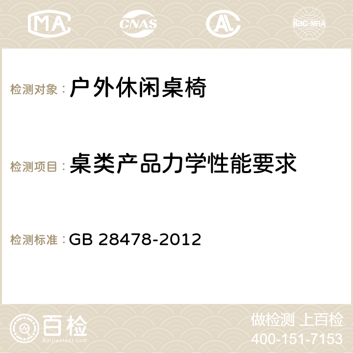 桌类产品力学性能要求 户外休闲家具安全性能要求桌椅客产品 GB 28478-2012 6.5