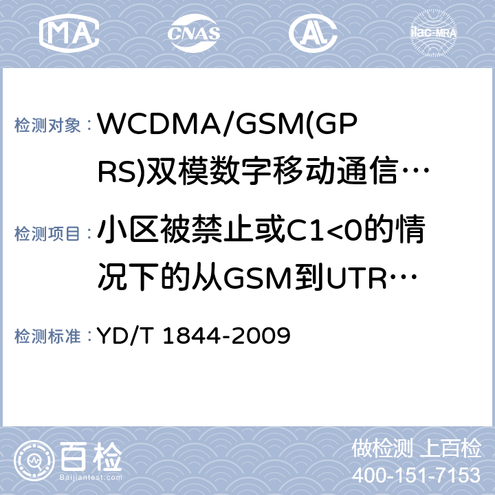 小区被禁止或C1<0的情况下的从GSM到UTRAN的小区选择 WCDMA/GSM(GPRS)双模数字移动通信终端技术要求和测试方法（第三阶段） YD/T 1844-2009 8.8.2