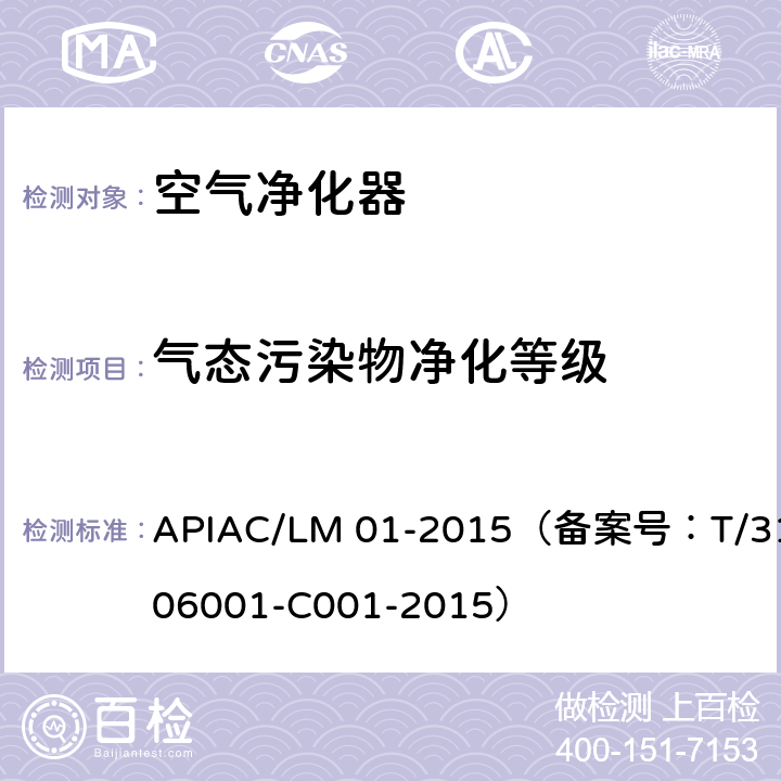 气态污染物净化等级 室内空气净化器净化性能评价要求 APIAC/LM 01-2015（备案号：T/310106001-C001-2015） 4.5