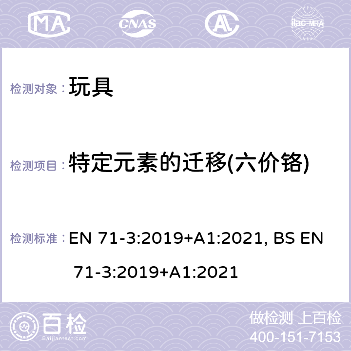 特定元素的迁移(六价铬) EN 71-3:2019 玩具安全第三部分：特定元素的迁移 +A1:2021, BS +A1:2021