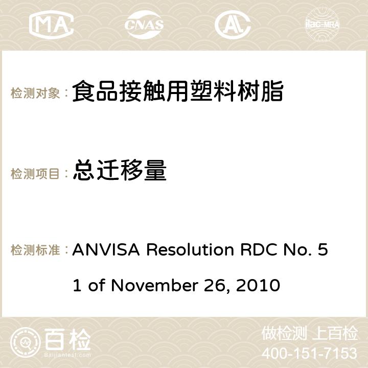 总迁移量 ANVISA Resolution RDC No. 51 of November 26, 2010 与食品接触材料，包装迁移的技术法规 