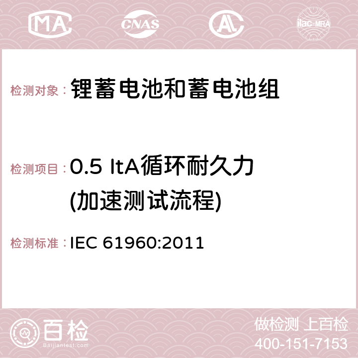 0.5 ItA循环耐久力(加速测试流程) 含碱性或其它非酸性电解质的蓄电池和蓄电池组-便携式应用锂蓄电池和蓄电池组 IEC 61960:2011 7.6.3
