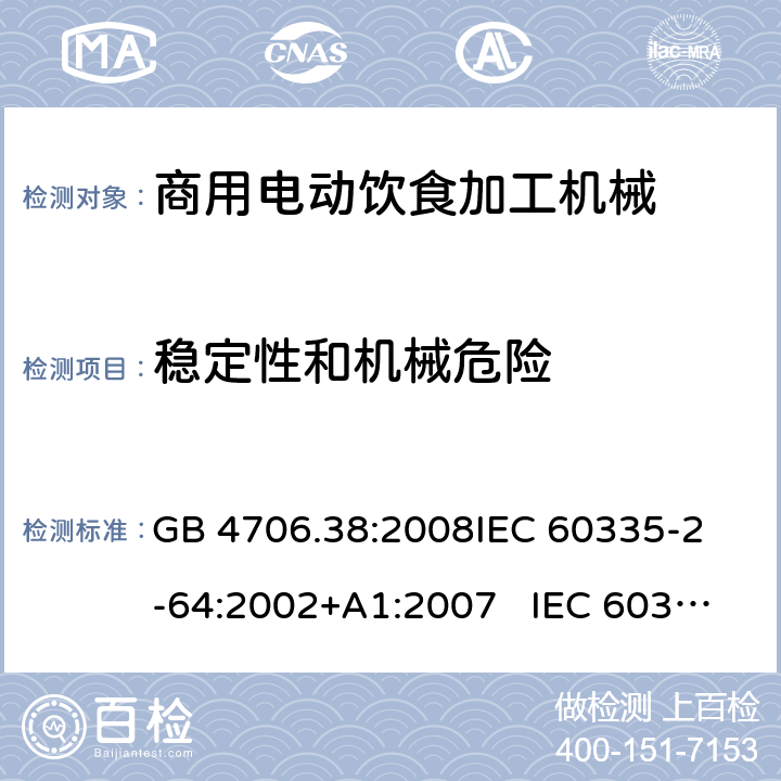 稳定性和机械危险 商用电动饮食加工机械的特殊要求 GB 4706.38:2008
IEC 60335-2-64:2002+A1:2007 IEC 60335-2-64:2002+A1:2007+A2:2017 
EN 60335-2-64:2000+A1:2002
AS/NZS 60335.2.64:2000+ A1:2009 20