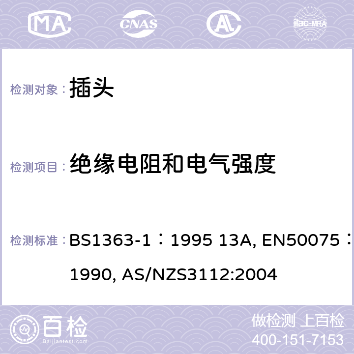 绝缘电阻和电气强度 认可和测试规范-插头和插座 BS1363-1：1995 13A, EN50075：1990, AS/NZS3112:2004