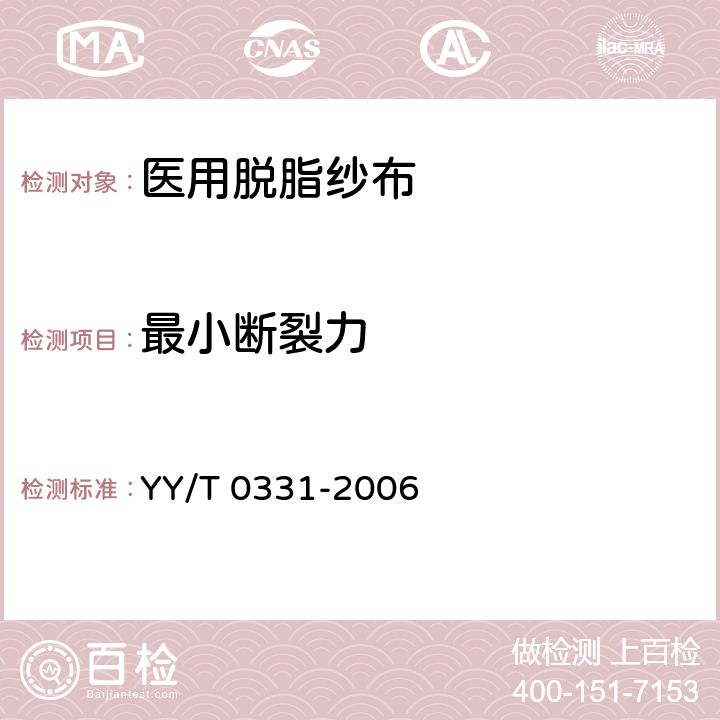 最小断裂力 脱脂棉纱布、脱脂棉粘胶混纺纱布的性能要求和试验方法 YY/T 0331-2006 4.7