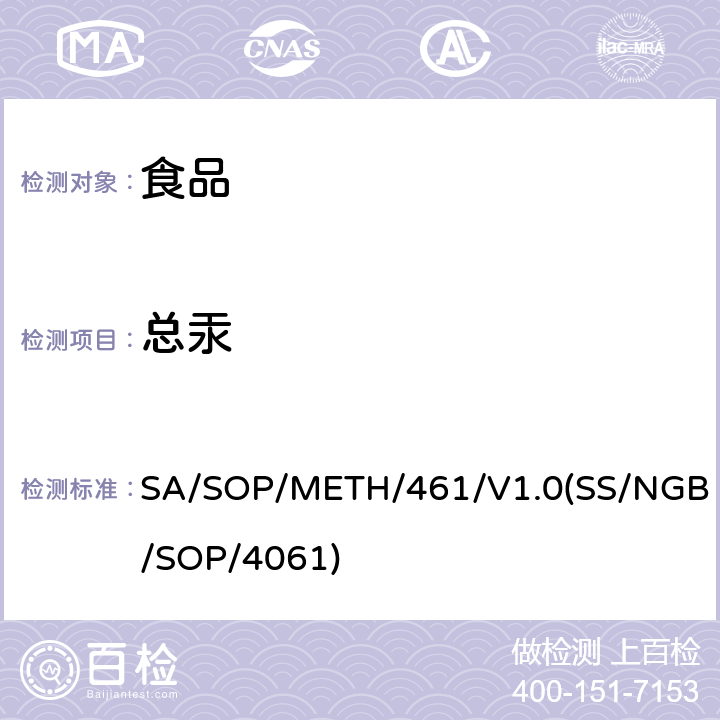 总汞 食品中金属元素ICP/MS测定法 SA/SOP/METH/461/V1.0(SS/NGB/SOP/4061)