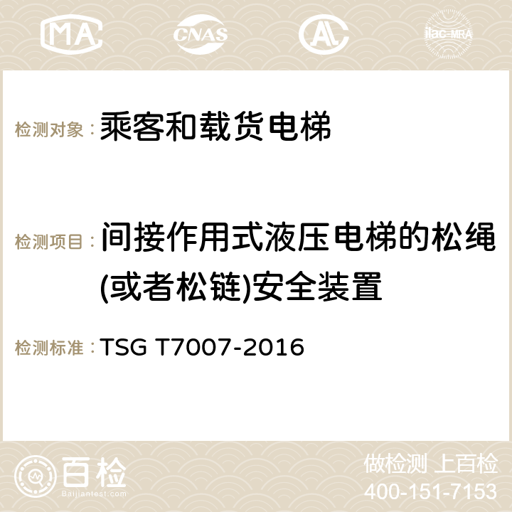 间接作用式液压电梯的松绳(或者松链)安全装置 电梯型式试验规则及第1号修改单 附件H 乘客和载货电梯型式试验要求 TSG T7007-2016 H6.1.16