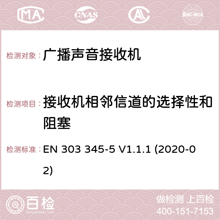 接收机相邻信道的选择性和阻塞 广播声音接收器； 第5部分：DRM广播声音服务； 无线电频谱协调统一标准 EN 303 345-5 V1.1.1 (2020-02) 4.2.5