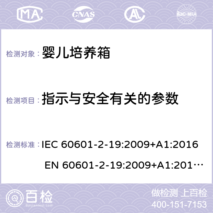 指示与安全有关的参数 医用电气设备 婴儿培养箱的基本安全和基本性能的特殊要求 IEC 60601-2-19:2009+A1:2016 EN 60601-2-19:2009+A1:2016+A11:2 201.12.4.2