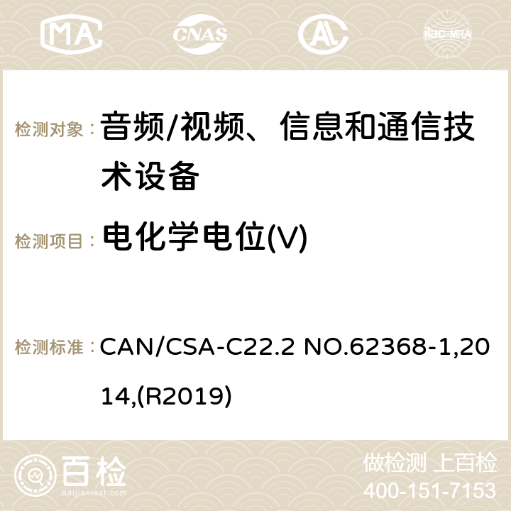 电化学电位(V) CAN/CSA-C22.2 NO.62368 音频/视频、信息和通信技术设备 第1部分:安全要求 -1,2014,(R2019) 附录 N