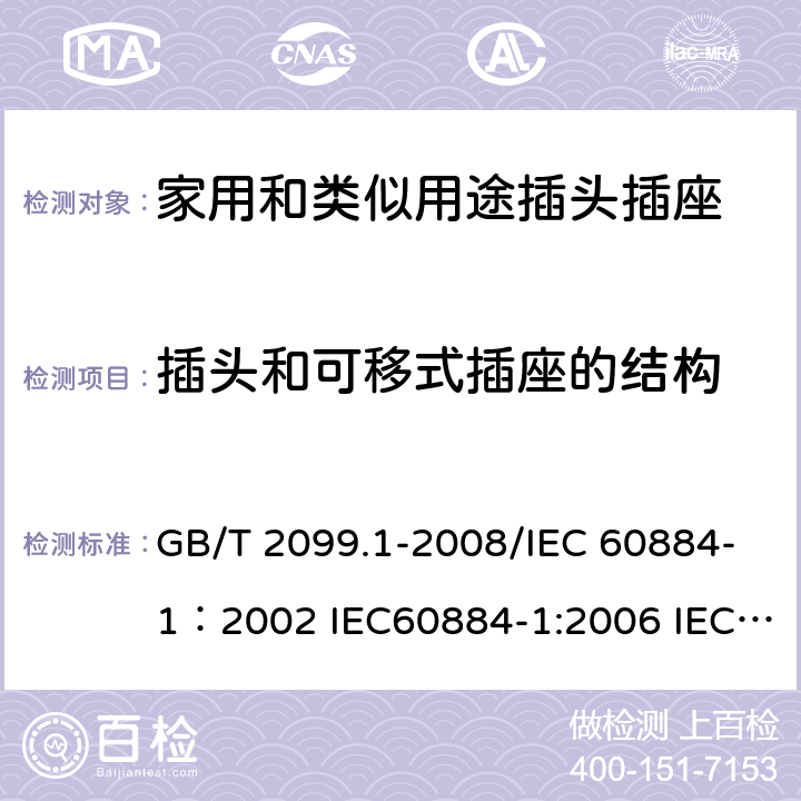 插头和可移式插座的结构 家用和类似用途插头插座  第1部分：通用要求 GB/T 2099.1-2008/IEC 60884-1：2002 IEC60884-1:2006 IEC60884-1:2013 14