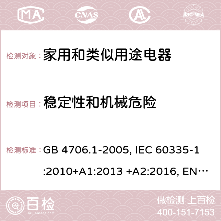 穩定性和機械危險 家用和類似用途電器 GB 4706.1-2005, IEC 60335-1:2010+A1:2013 +A2:2016, EN 60335-1:2012+A1:2013+A11:2014+A2:2016+A12:2017, AS/NZS 0335.1:2011+A1:2012+A2:2014+A3:2015+A4:2017 20