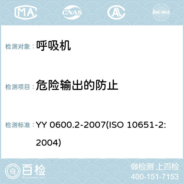 危险输出的防止 医用呼吸机基本安全和主要性能专用要求 第2部分：依赖呼吸机患者使用的家用呼吸机 YY 0600.2-2007(ISO 10651-2:2004) 51