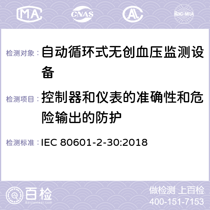 控制器和仪表的准确性和危险输出的防护 医用电气设备 第2-30部分 专用要求：自动循环式无创血压监测设备的安全，含基本性能 IEC 80601-2-30:2018 201.12