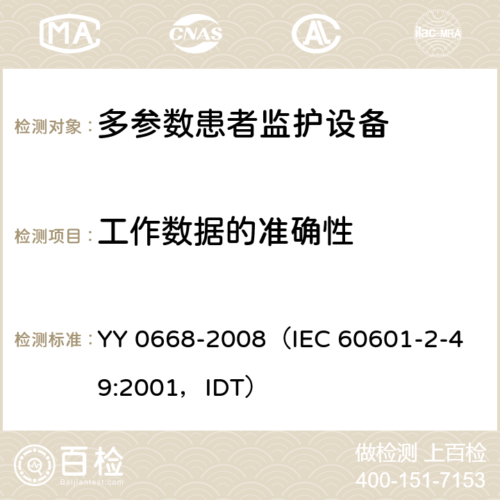 工作数据的准确性 《医用电气设备 第2部分：多参数患者监护设备安全专用要求》 YY 0668-2008
（IEC 60601-2-49:2001，IDT） 50