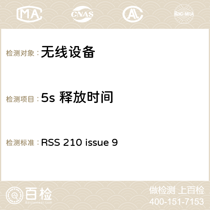 5s 释放时间 无线设备 RSS 210 issue 9 15.231