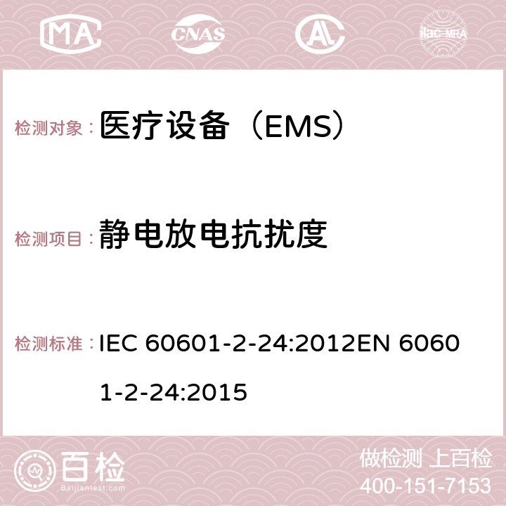 静电放电抗扰度 医用电气设备 第2-24部分:输液泵和控制器的基本安全和基本性能的特殊要求 IEC 60601-2-24:2012
EN 60601-2-24:2015 202