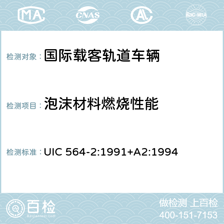 泡沫材料燃烧性能 国际载客轨道车辆防火和消防规范（国际铁盟标准 UIC 564-2:1991+A2:1994 附录8