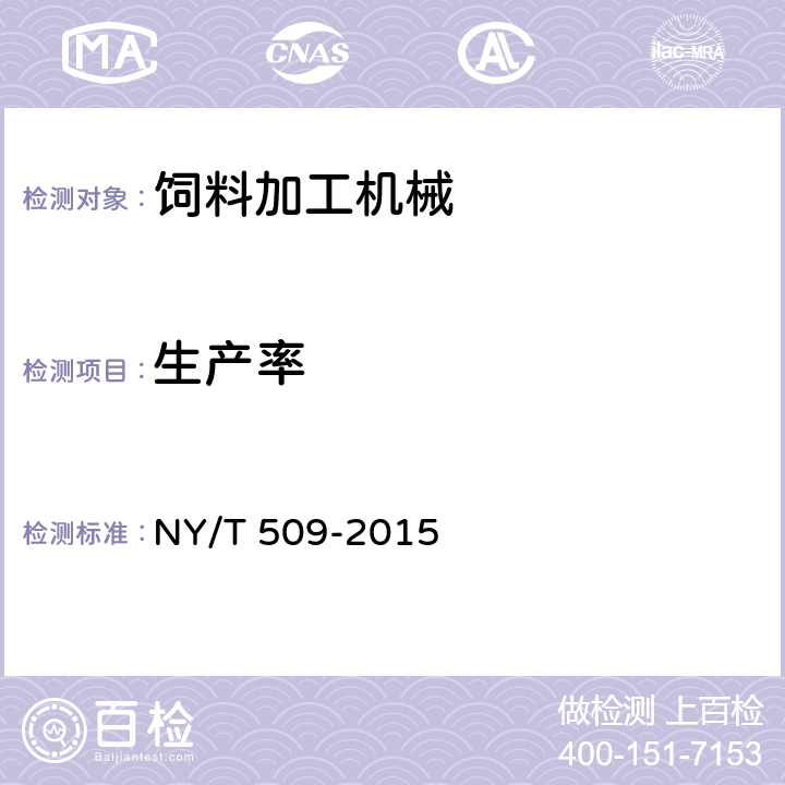 生产率 秸秆揉丝机 质量评价技术规范 NY/T 509-2015 6.1.2