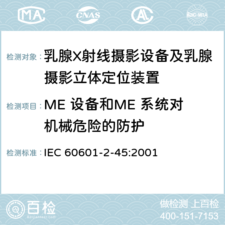 ME 设备和ME 系统对机械危险的防护 医用电气设备 第2-45部分：乳腺X射线摄影设备及乳腺摄影立体定位装置安全专用要求 IEC 60601-2-45:2001 21,22,24